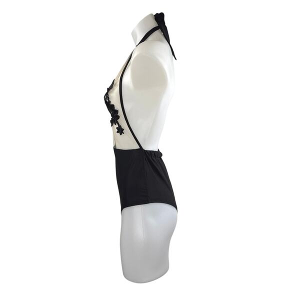 NEW Zaful Black Lace Splicing Halter High Waist One-Piece Swimwear Swimsuit Sz L - Picture 2 of 6